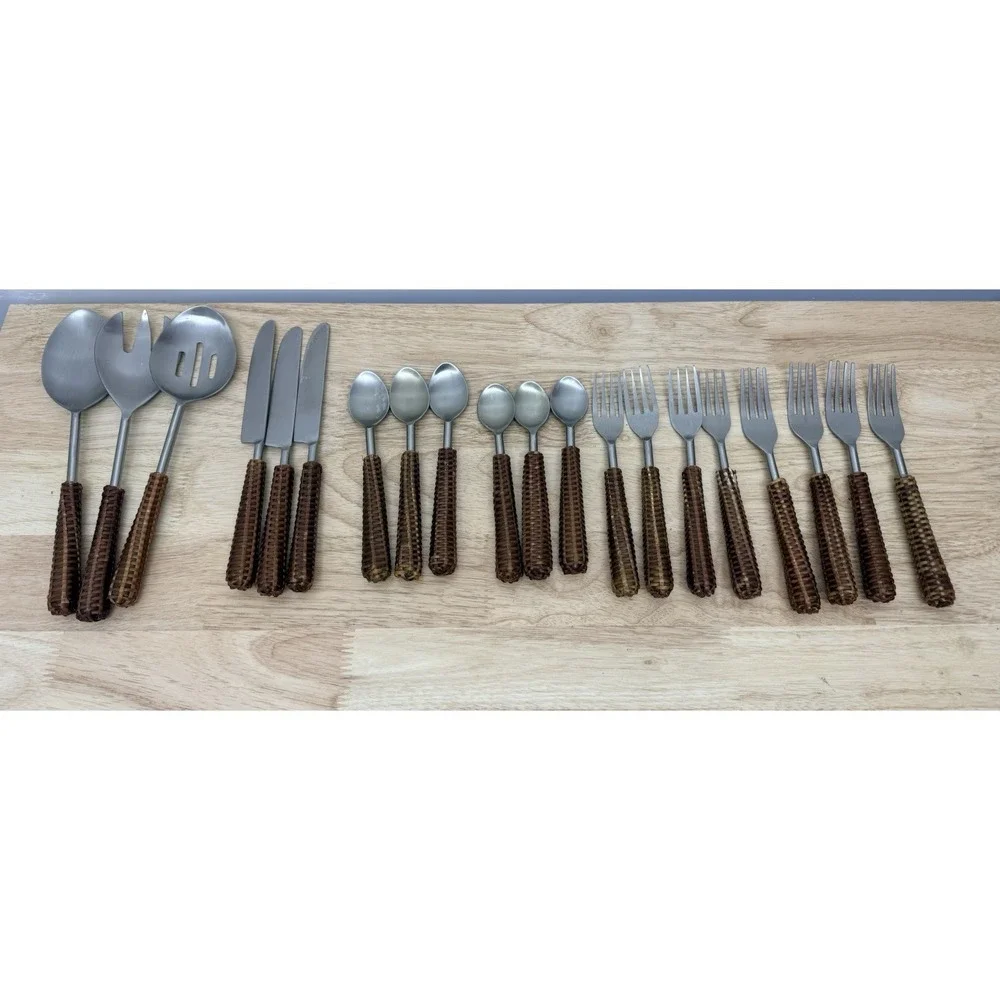 Rattan Woven Handle Flatware Set Boho Coastal Stainless Utensils Lot Of 20 #14